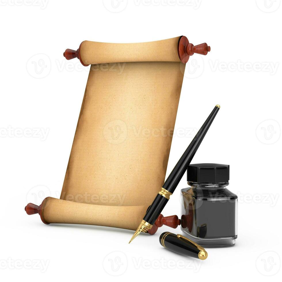 Blank Old Paper Scroll Parchment Mockup and Fountain Pen with Black Ink Bottle. 3d Rendering photo