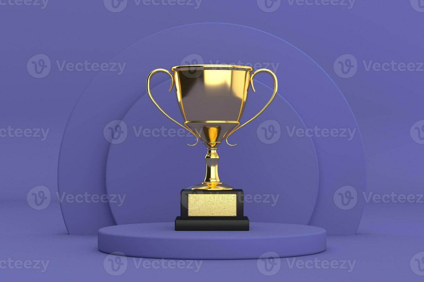 Golden Award Trophy Cup over Violet Very Peri Cylinders Products Stage Pedestal. 3d Rendering photo