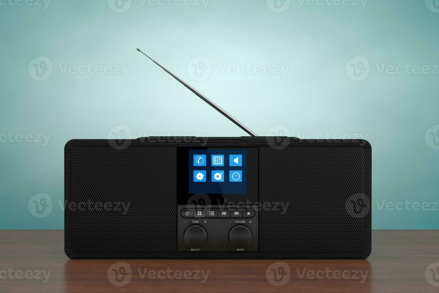 Black Portable Smart Wireless Speaker for Music. Smart device for Online Audio with Radio and Smartphone Wireless Charger. 3d Rendering photo