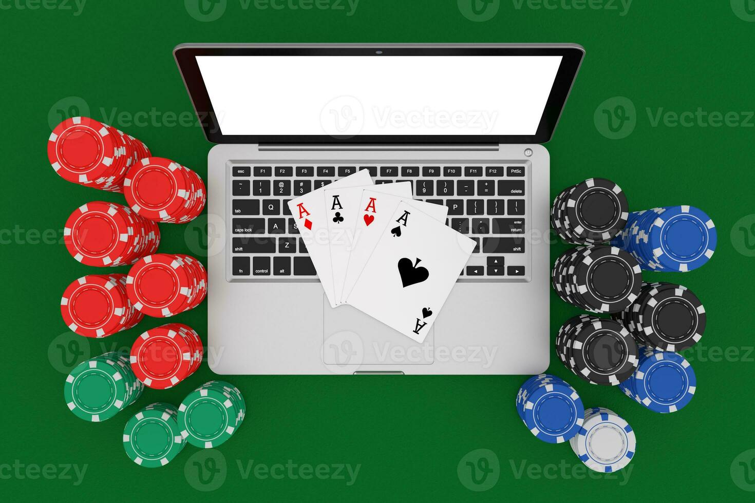 Casino Online Concept. Gambling Chips and Poker Playing Cards with Modern Laptop Computer. 3d Rendering photo