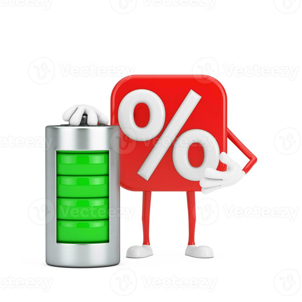 Sale or Discount Percent Sign Person Character Mascot with Abstract Charging Battery. 3d Rendering photo