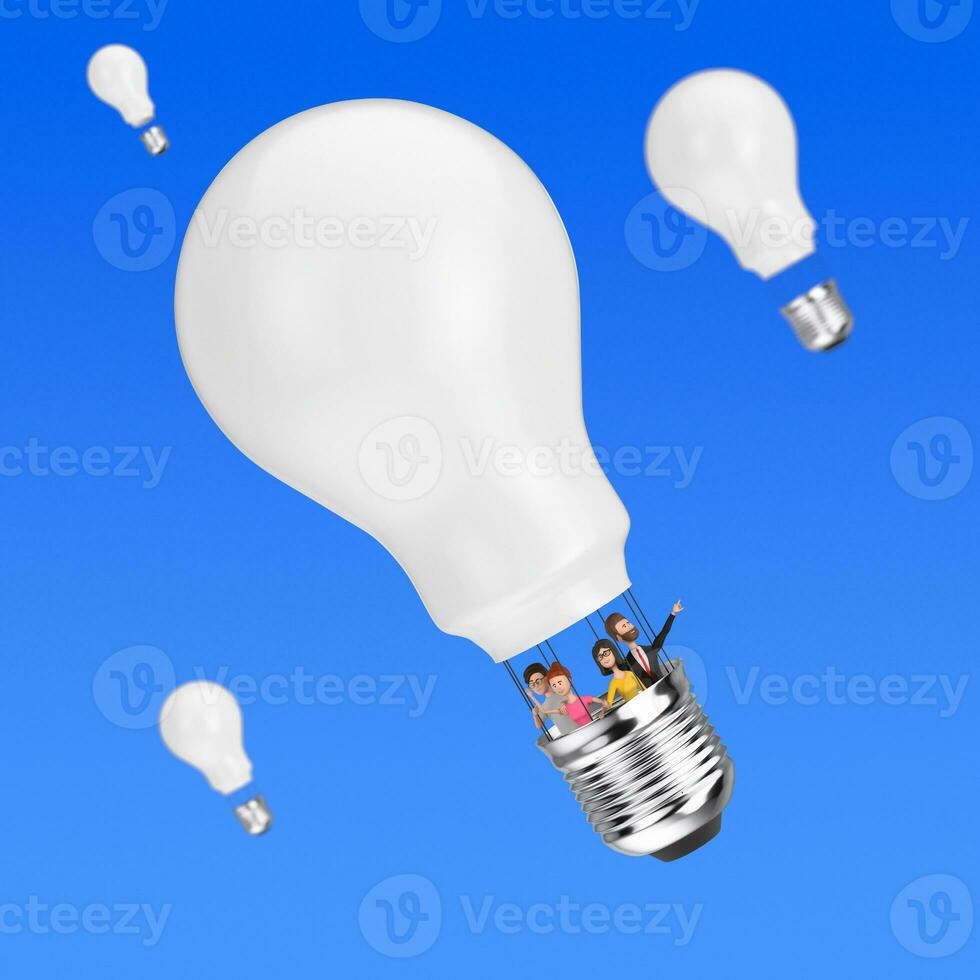 Business Idea Concept. Business Team Flying in Idea Bulb in shape of Hot Air Balloon. 3d Rendering photo