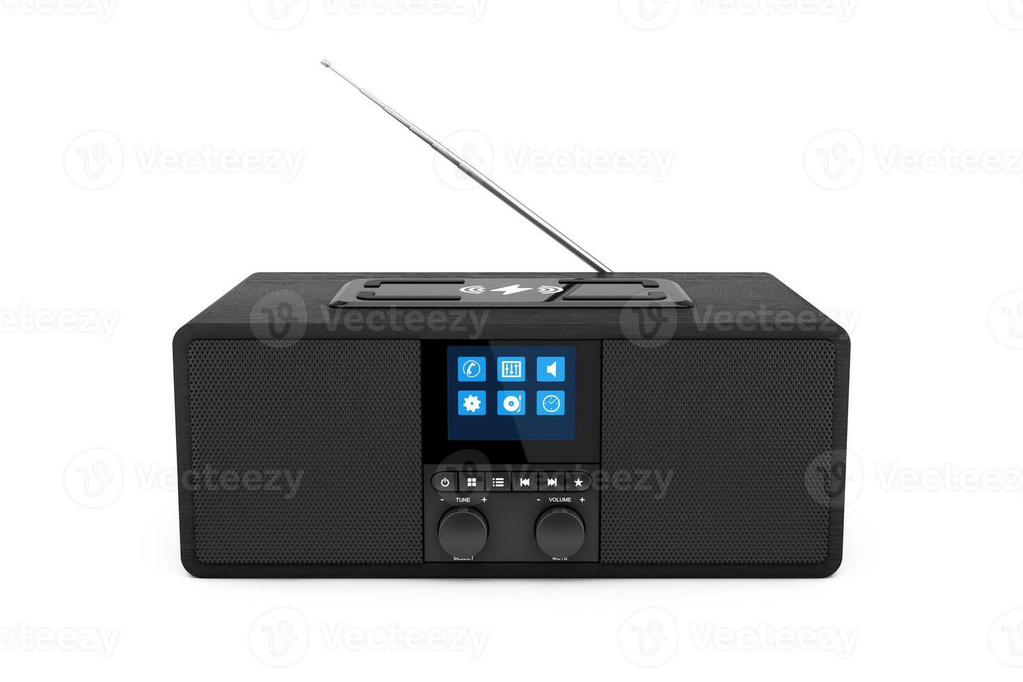 Black Portable Smart Wireless Speaker for Music. Smart device for Online Audio with Radio and Smartphone Wireless Charger. 3d Rendering photo