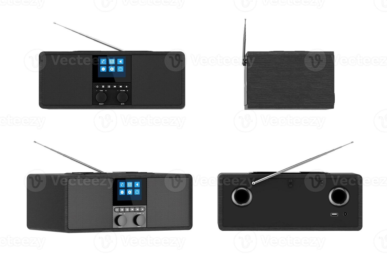 Black Portable Smart Wireless Speaker for Music. Smart device for Online Audio with Radio and Smartphone Wireless Charger. 3d Rendering photo