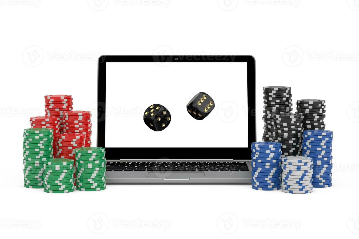 Casino Online Concept. Gambling Chips and Casino Black Game Dice Cubes with Modern Laptop Computer. 3d Rendering photo