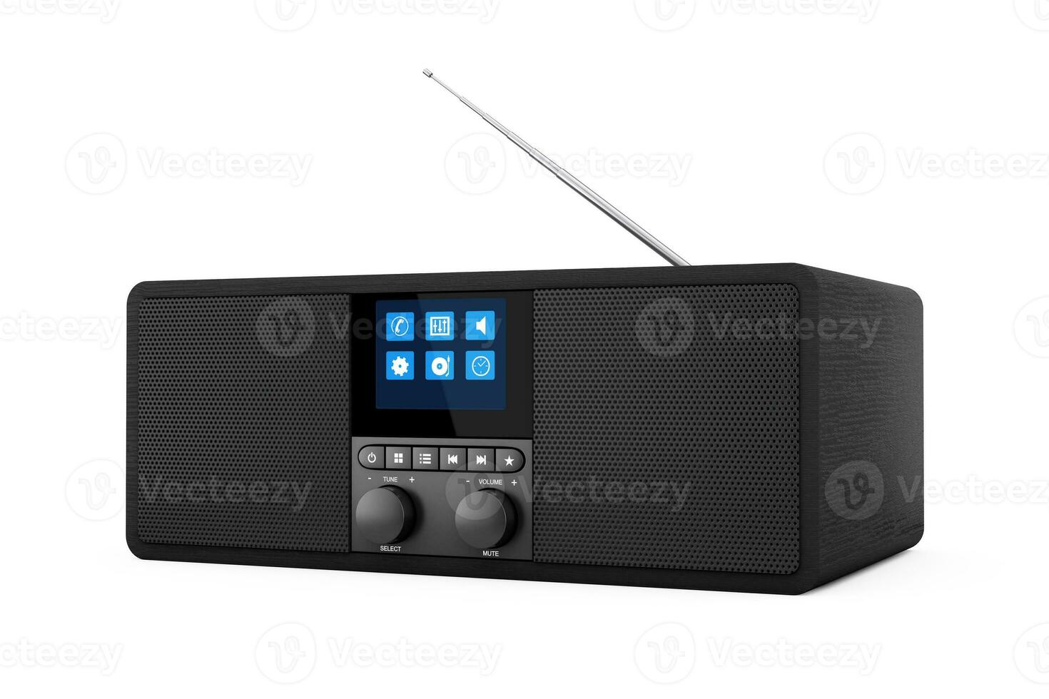 Black Portable Smart Wireless Speaker for Music. Smart device for Online Audio with Radio and Smartphone Wireless Charger. 3d Rendering photo