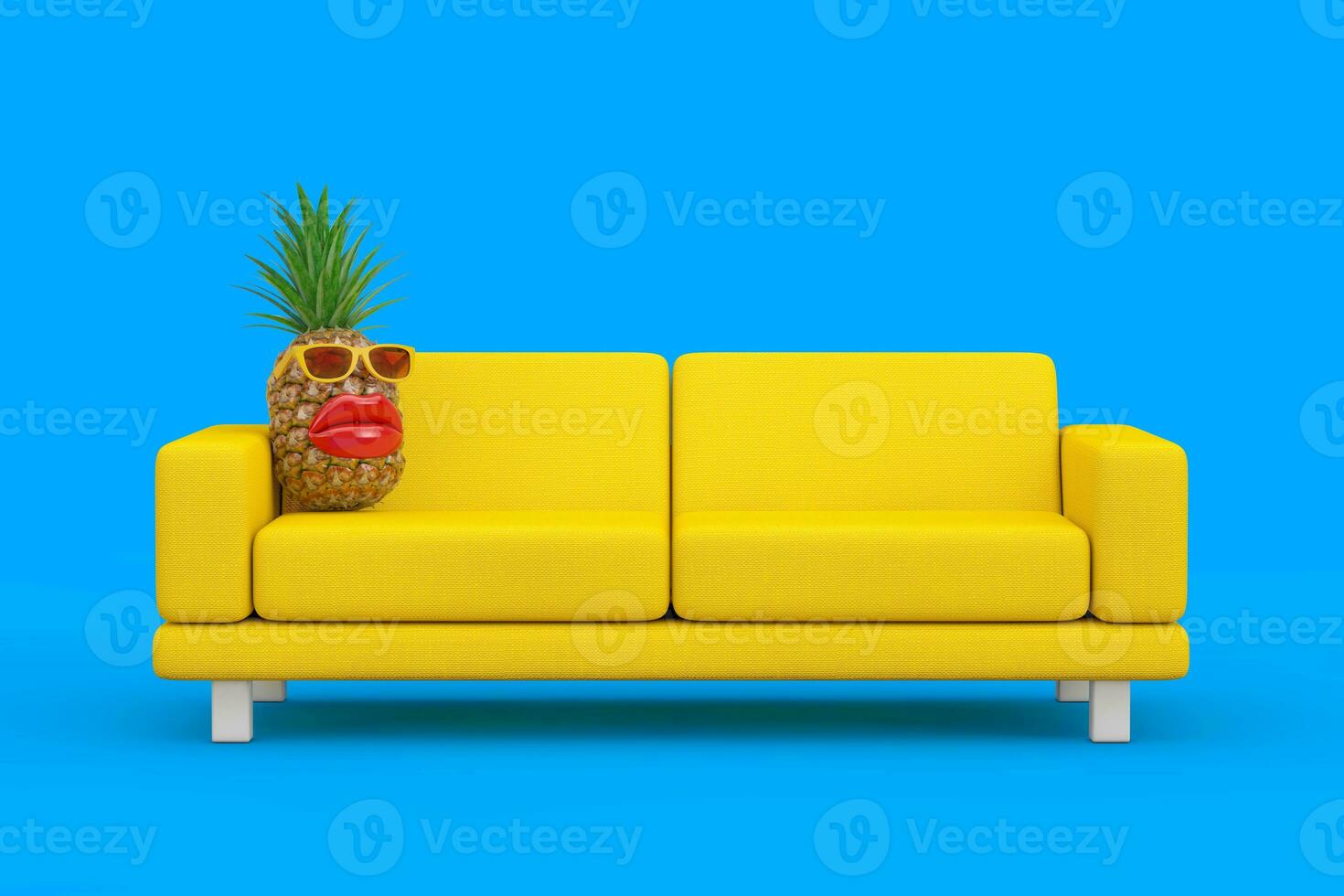 Fun Cartoon Fashion Hipster Cut Pineapple with Yellow Sunglasses and Big Red Lips over Yellow Modern Sofa. 3d Rendering photo