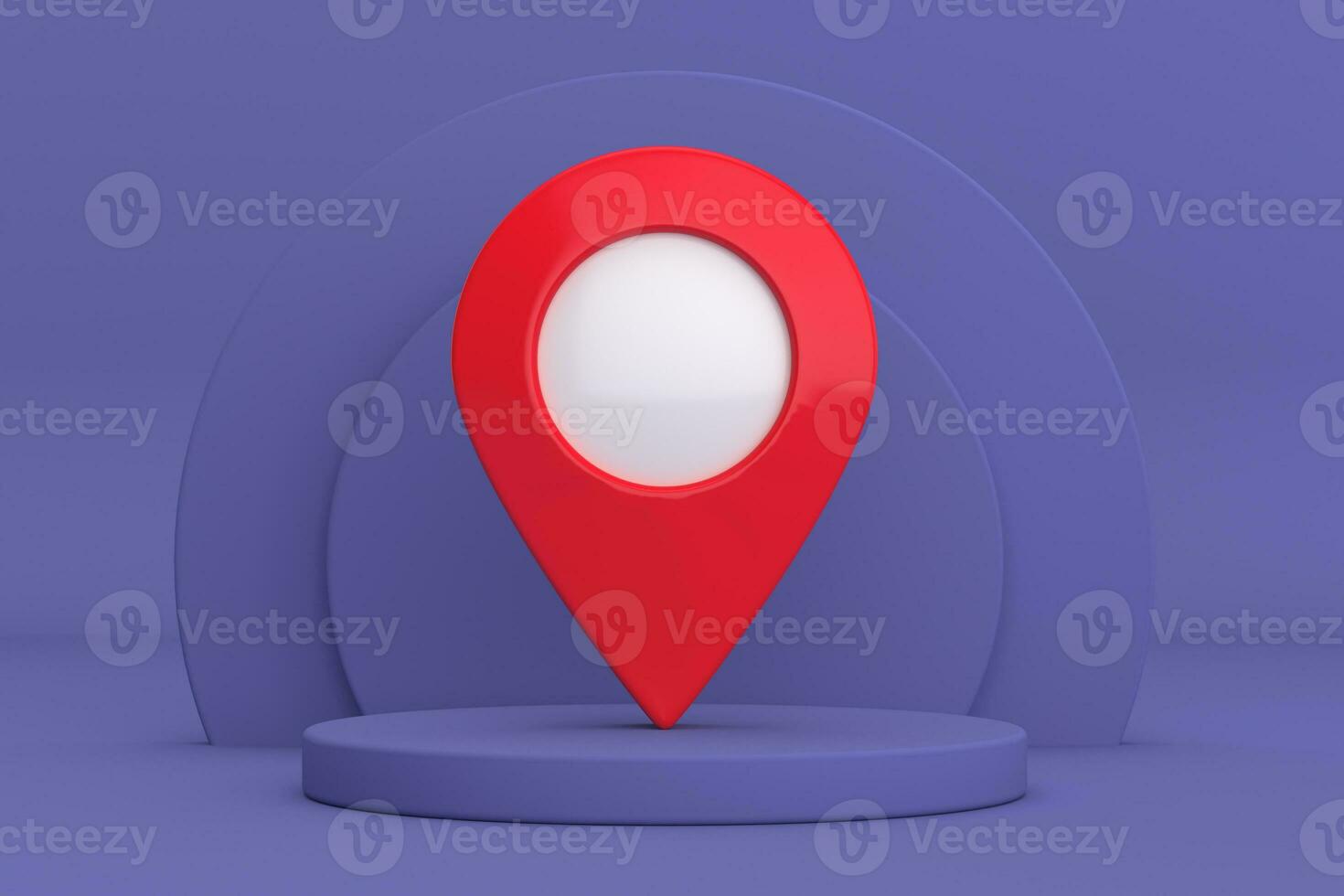 Red Map Pointer Pin over Violet Very Peri Cylinders Products Stage Pedestal. 3d Rendering photo