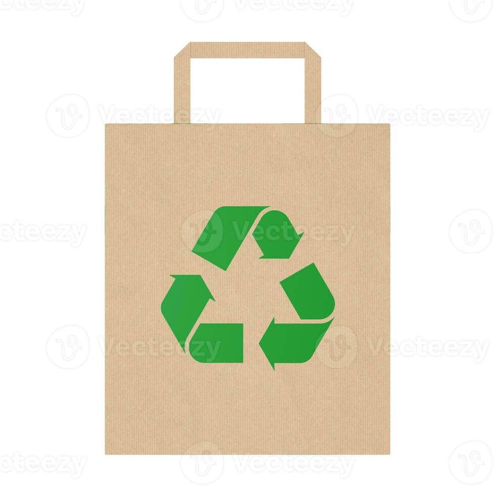 Shopping Paper Bag with Green Recycle Sign. 3d Rendering photo