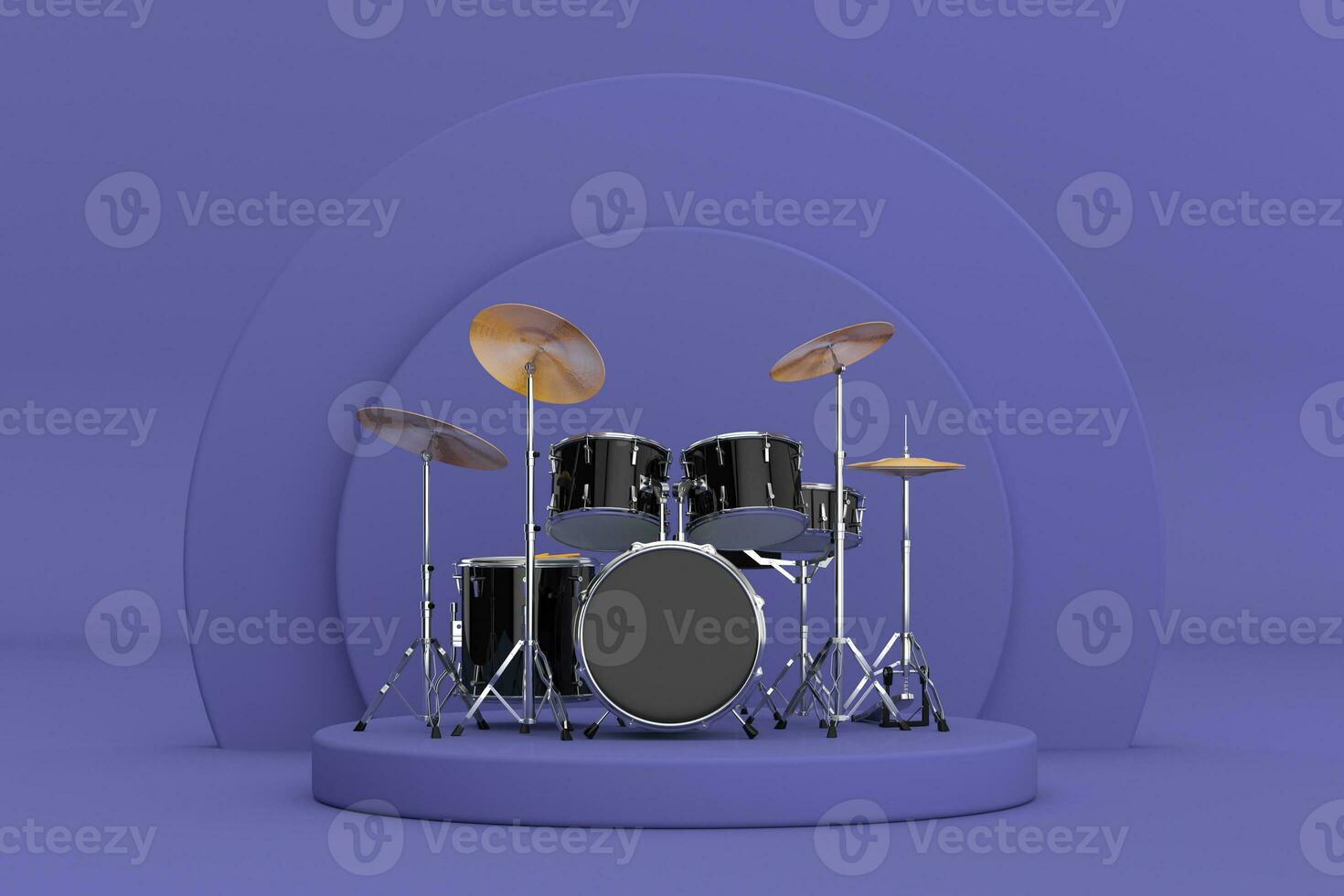 Black Professional Rock Drum Kit over Violet Very Peri Cylinders Products Stage Pedestal. 3d Rendering photo