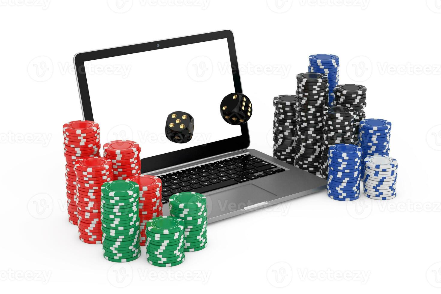 Casino Online Concept. Gambling Chips and Casino Black Game Dice Cubes with Modern Laptop Computer. 3d Rendering photo