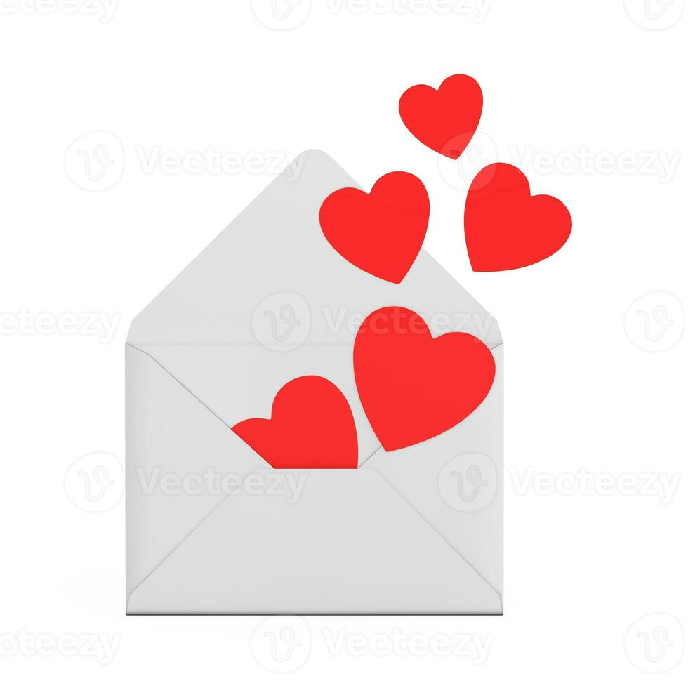 Happy Valentine's Day Concept. Red Hearts Flying Out from White Blank Envelope. 3d Rendering photo