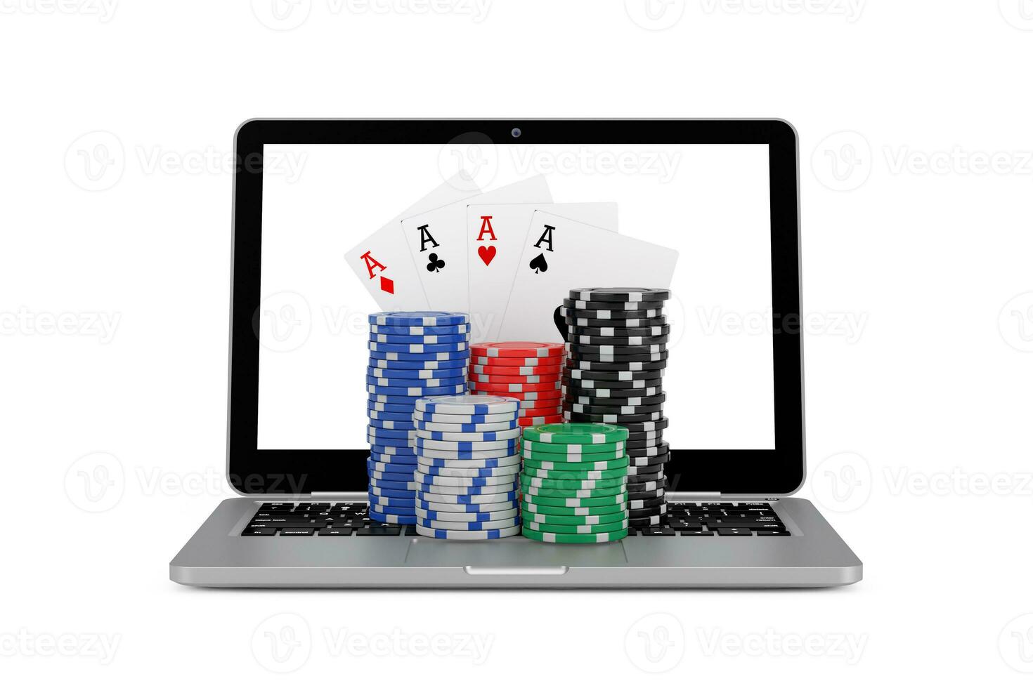 casino en línea concepto. juego papas fritas y póker jugando tarjetas con moderno ordenador portátil computadora. 3d representación foto