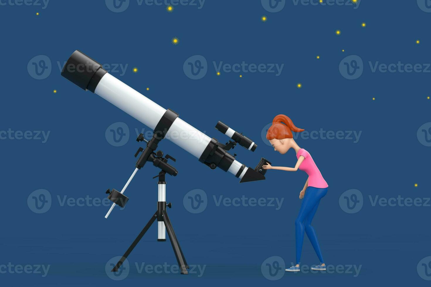 Cute Young Woman or Girl Astronomer Looking Through Telescope. 3d Rendering photo