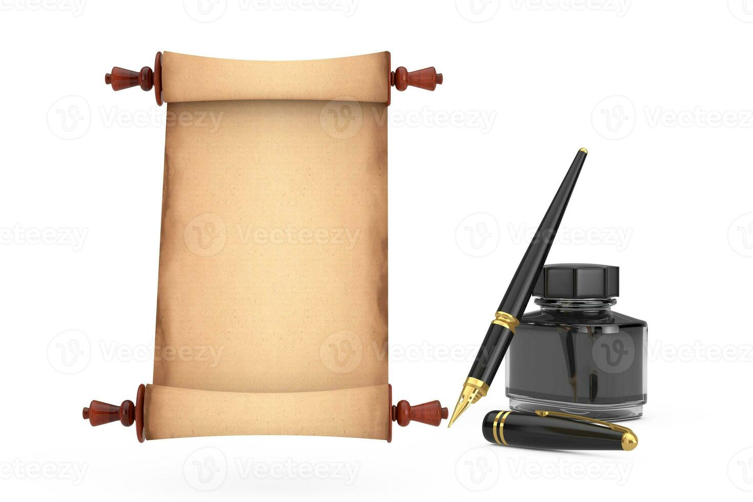 Blank Old Paper Scroll Parchment Mockup and Fountain Pen with Black Ink Bottle. 3d Rendering photo