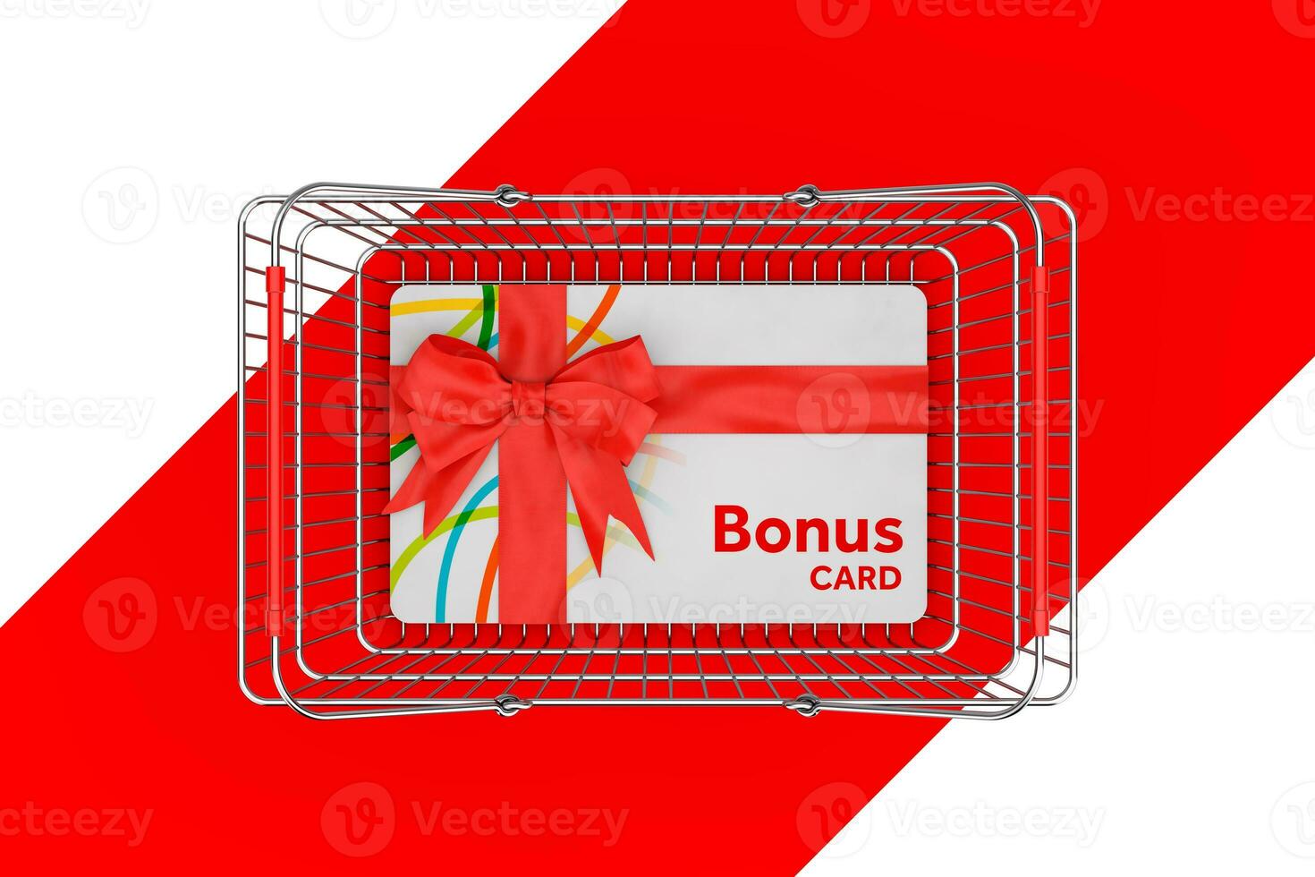 Bonus Card with Red Ribbon in Shopping Basket. 3d Rendering photo