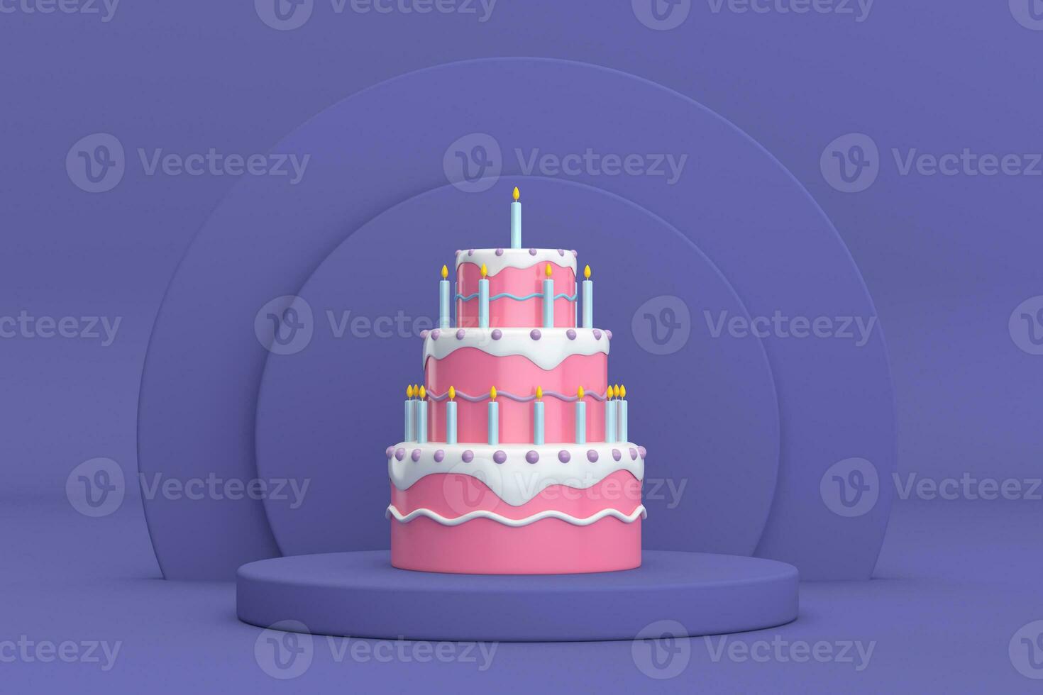 Birthday Cartoon Dessert Tiered Cake and Candles over Violet Very Peri Cylinders Products Stage Pedestal. 3d Rendering photo