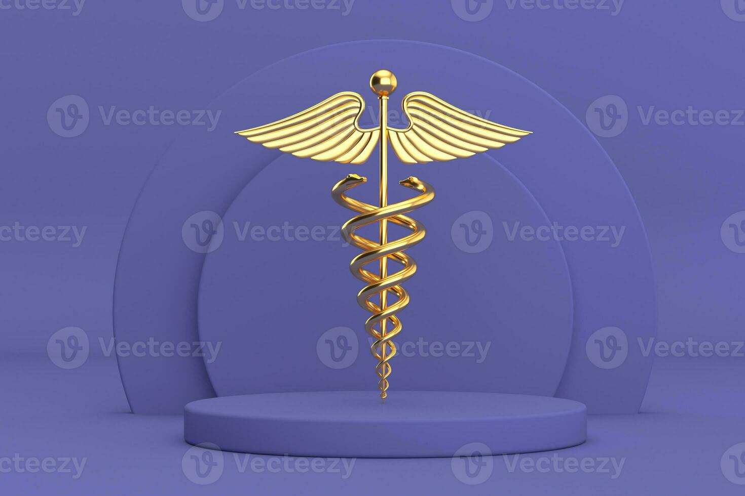 Golden Medical Caduceus Symbol over Violet Very Peri Cylinders Products Stage Pedestal. 3d Rendering photo