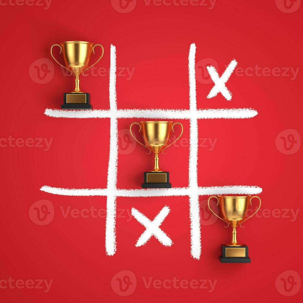 Golden Award Trophy in Tic Tac Toe Game. 3d Rendering photo