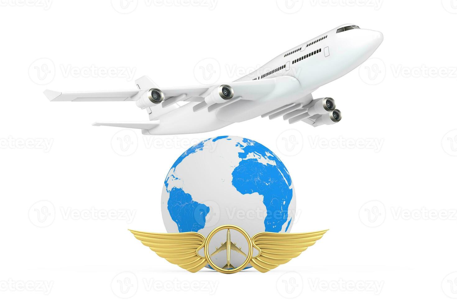 White Jet Passengers Airplane over Earth Globe and Golden Pilot Wing Emblem, Badge or Logo Symbol. 3d Rendering photo