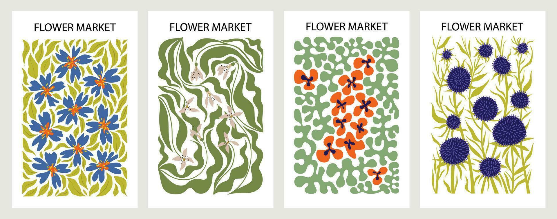 Set of abstract flower posters. Flower Market wall arts with trendy design. Botanical, minimalist, modern naive flat hippie groovy funky interior decorations, paintings. Vector illustration EPS 10