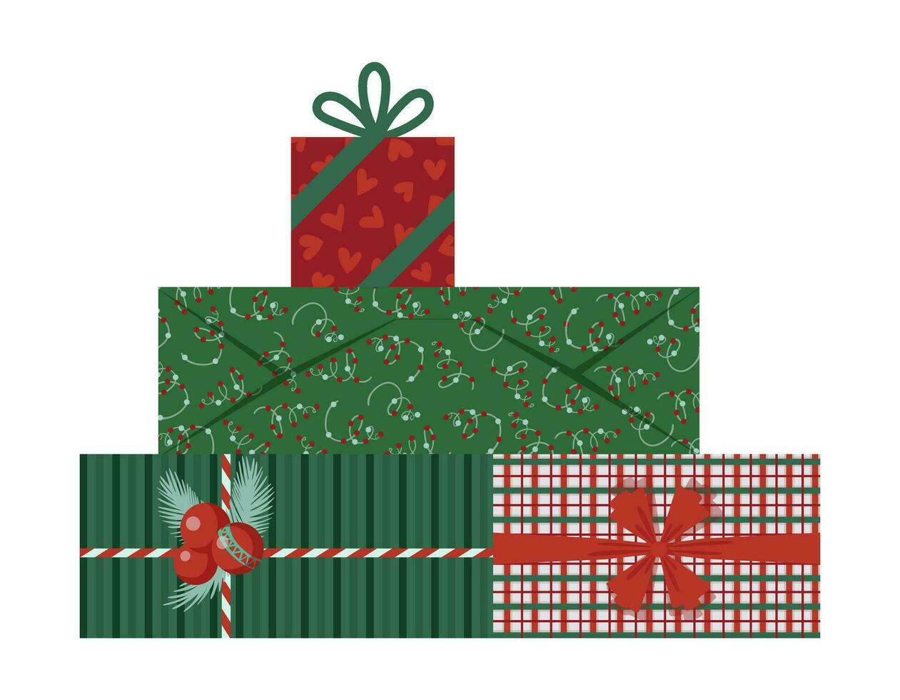Wrapped Christmas gift boxes. New Year present boxes with ribbons, bows, green and red wrapping papers. For greeting cards, banners, web illustrations, icons, or logos. Vector illustration EPS 10