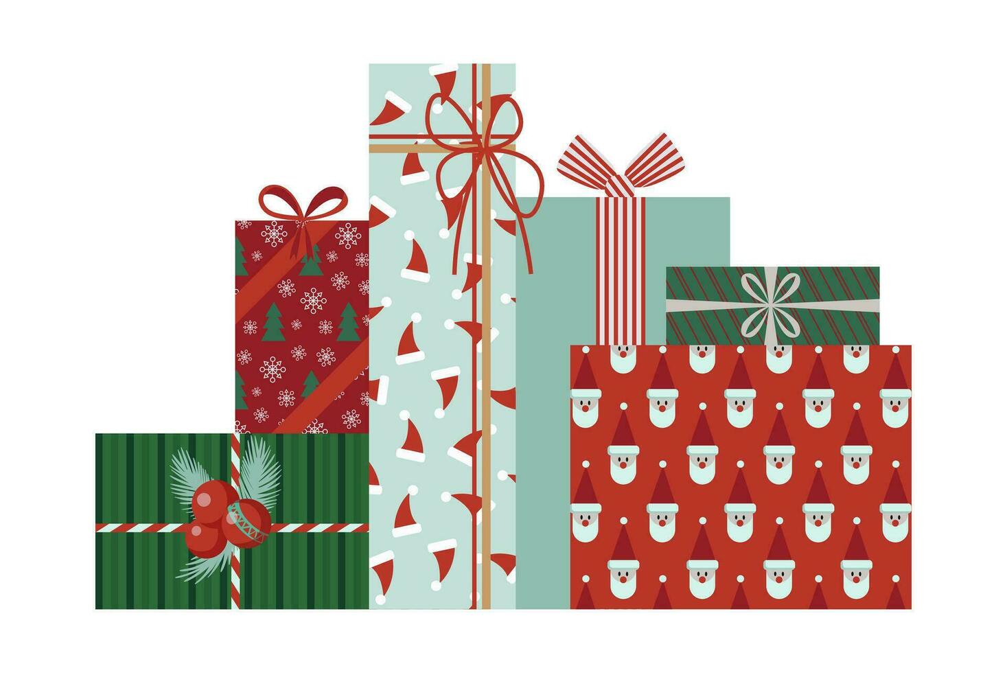 Wrapped Christmas gift boxes. New Year present boxes with ribbons, bows, green and red wrapping papers. For greeting cards, banners, web illustrations, icons, or logos. Vector illustration EPS 10