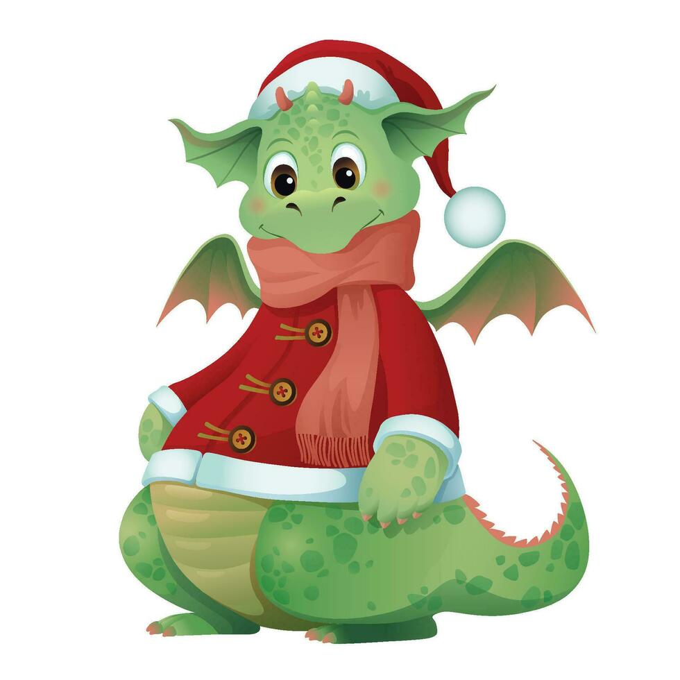 Cute green baby dragon in a Christmas hat and red coat. New year character for greeting cards with Merry Christmas and New Year, decor, wrapping, packaging design, Christmas party invitations. Vector