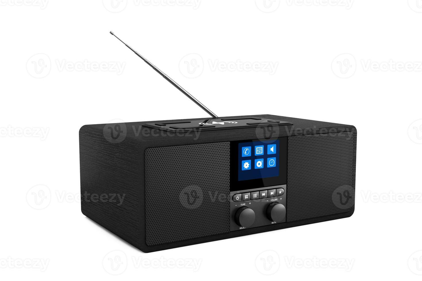 Black Portable Smart Wireless Speaker for Music. Smart device for Online Audio with Radio and Smartphone Wireless Charger. 3d Rendering photo