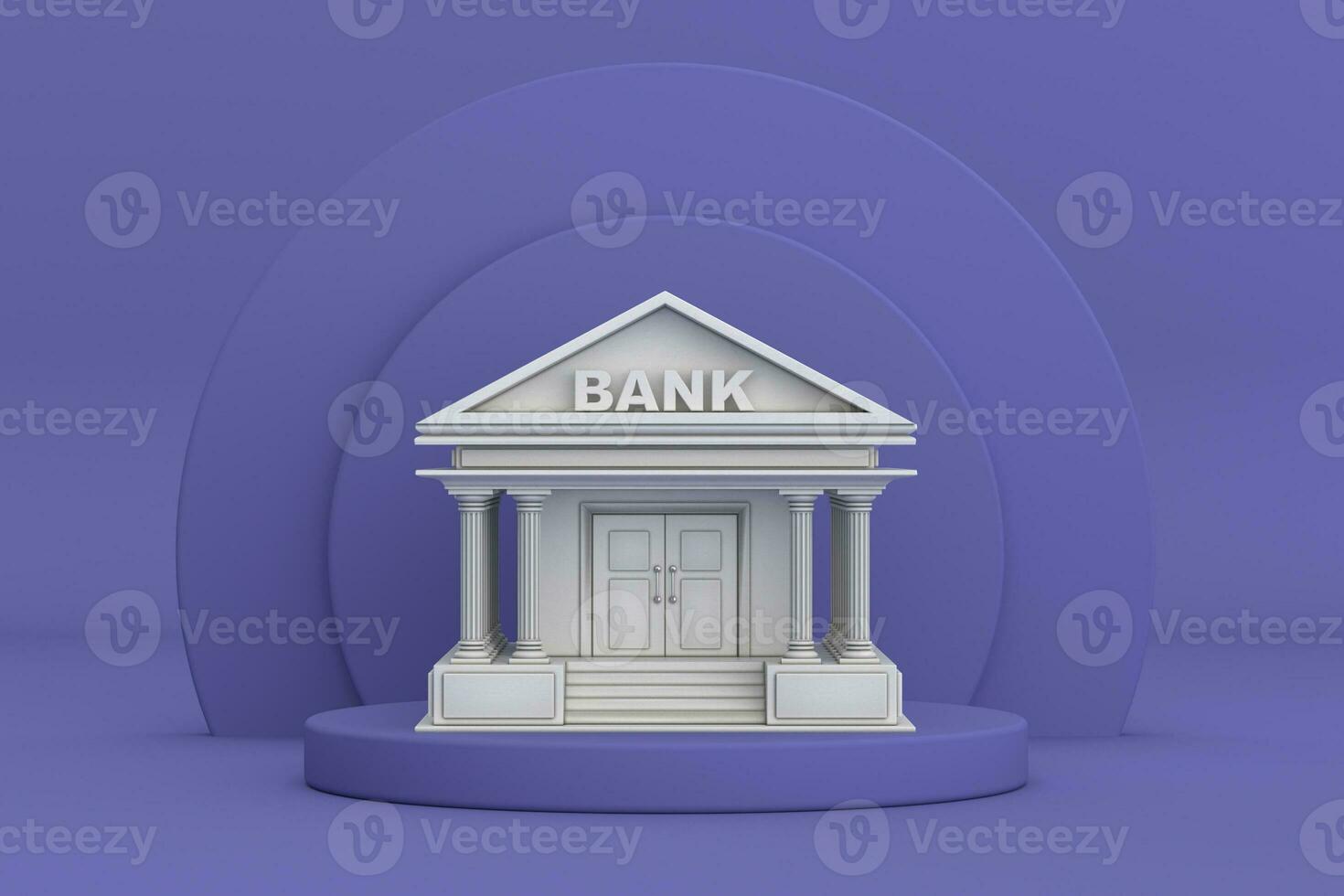 Concrete Bank Building over Violet Very Peri Cylinders Products Stage Pedestal. 3d Rendering photo