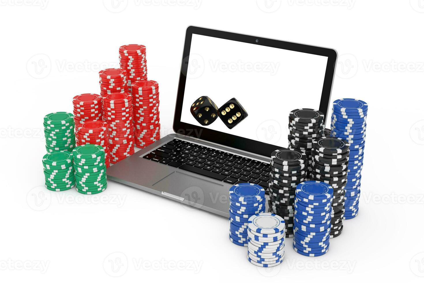 casino en línea concepto. juego papas fritas y casino negro juego dado cubitos con moderno ordenador portátil computadora. 3d representación foto