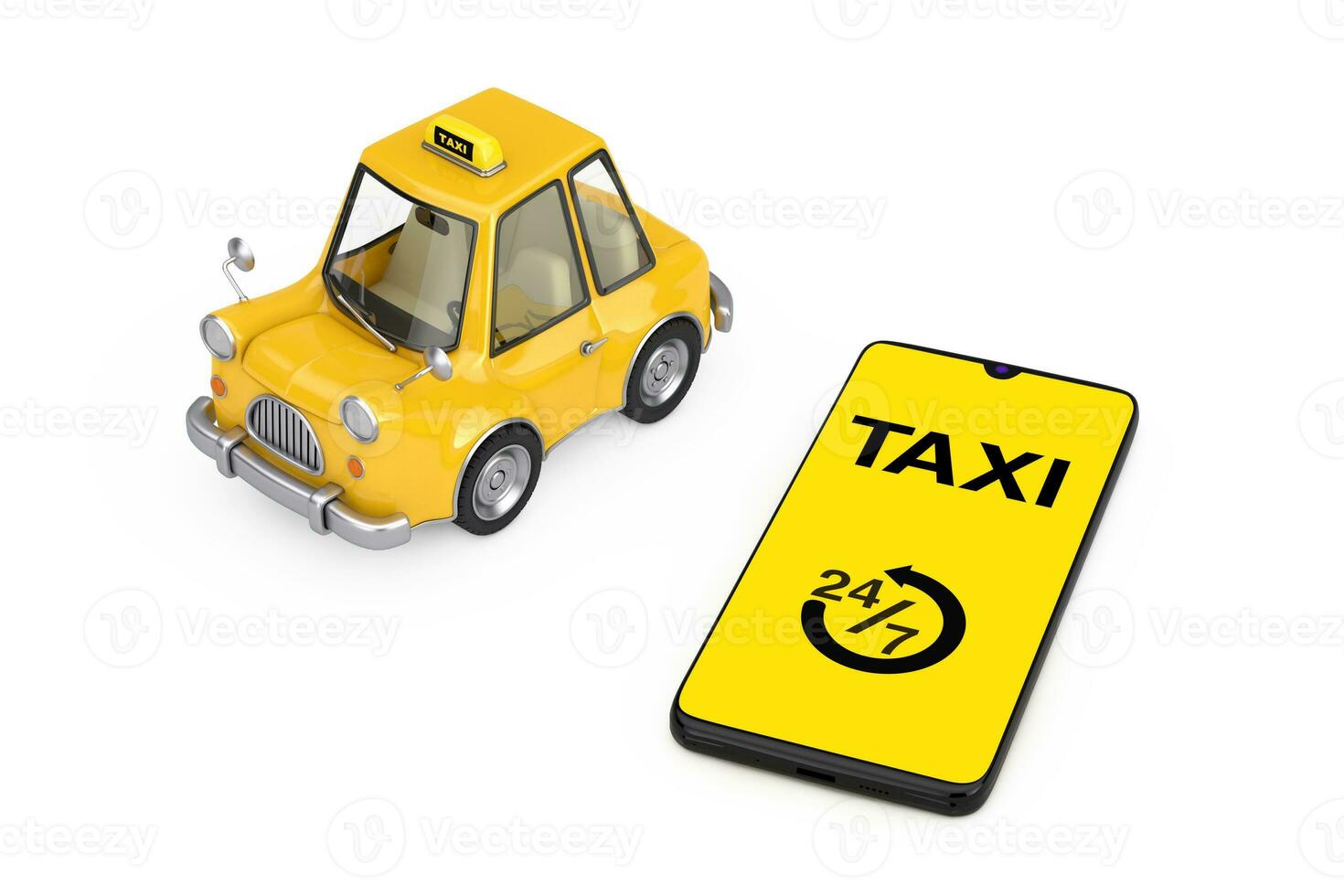 Yellow Cartoon Taxi Car near Modern Mobile Phone with Taxi 24 7 Service Application. 3d Rendering photo