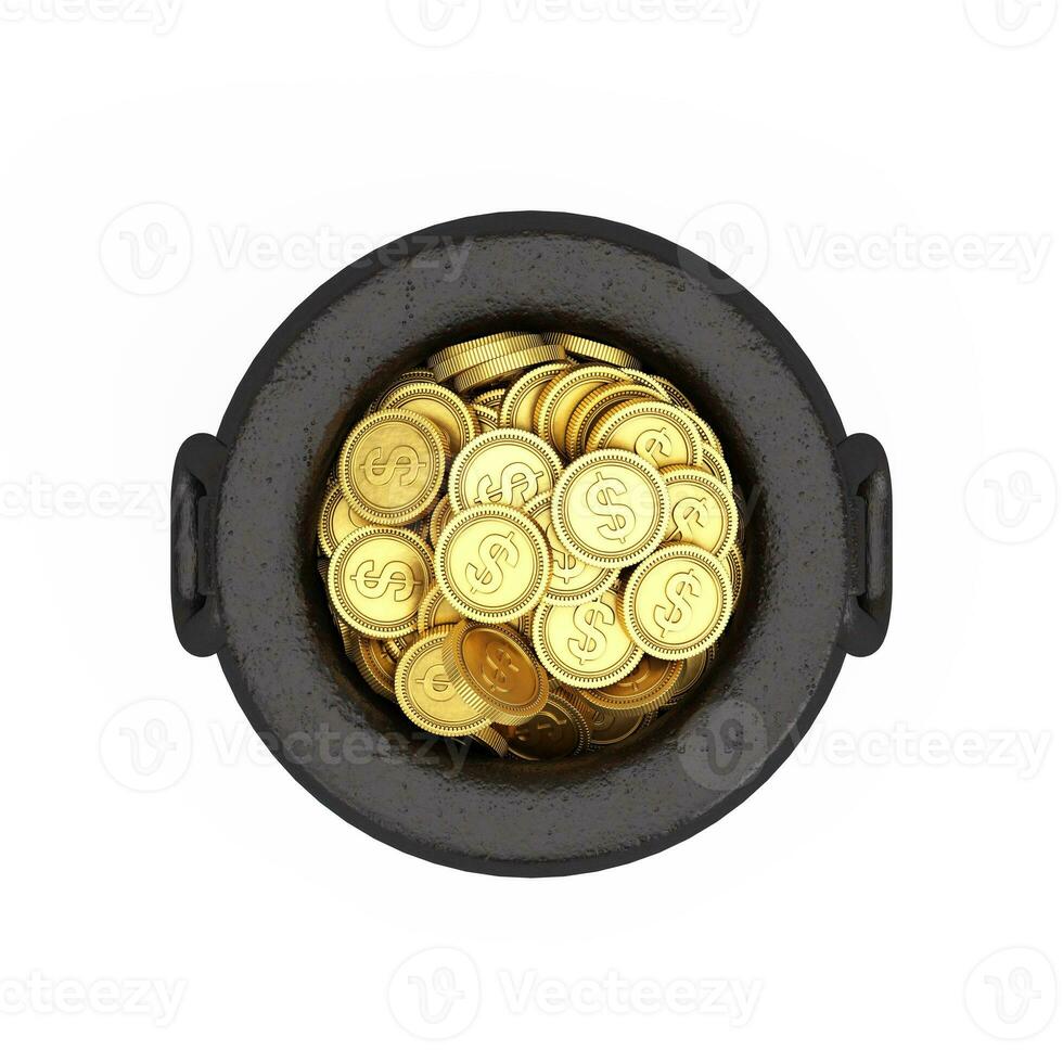 Iron Cauldron Pot full of Golden Coins. 3d Rendering photo