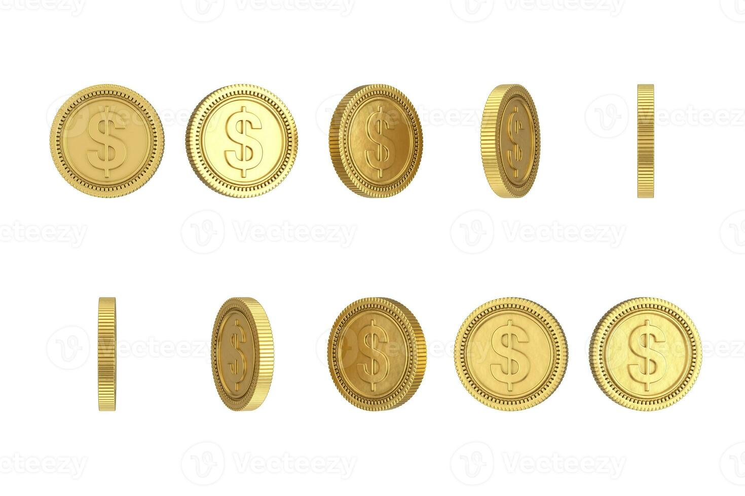 Golden Cartoon Dollar Coin in Different Position. 3d Rendering photo