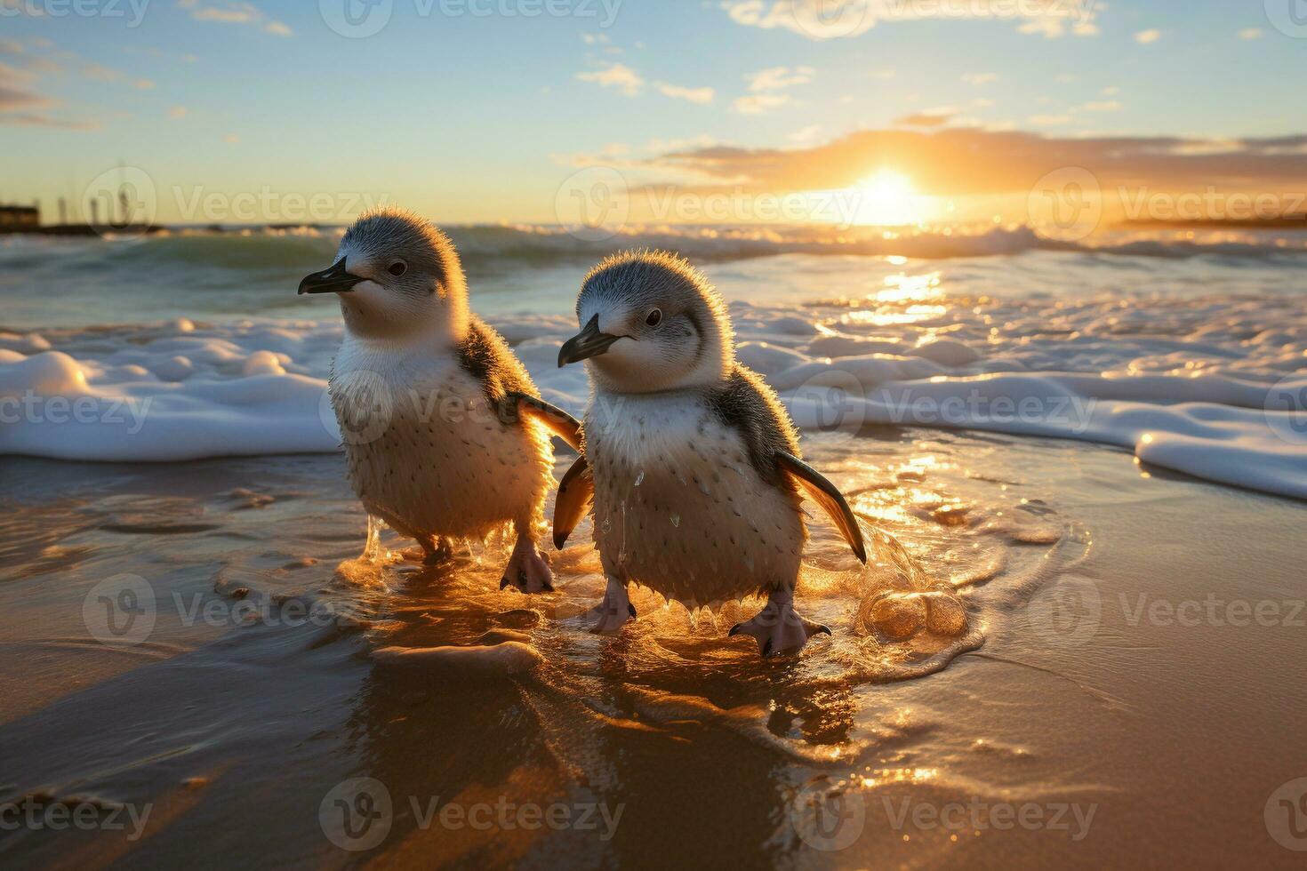 Two penguins coming ashore from ocean. Generative AI. photo