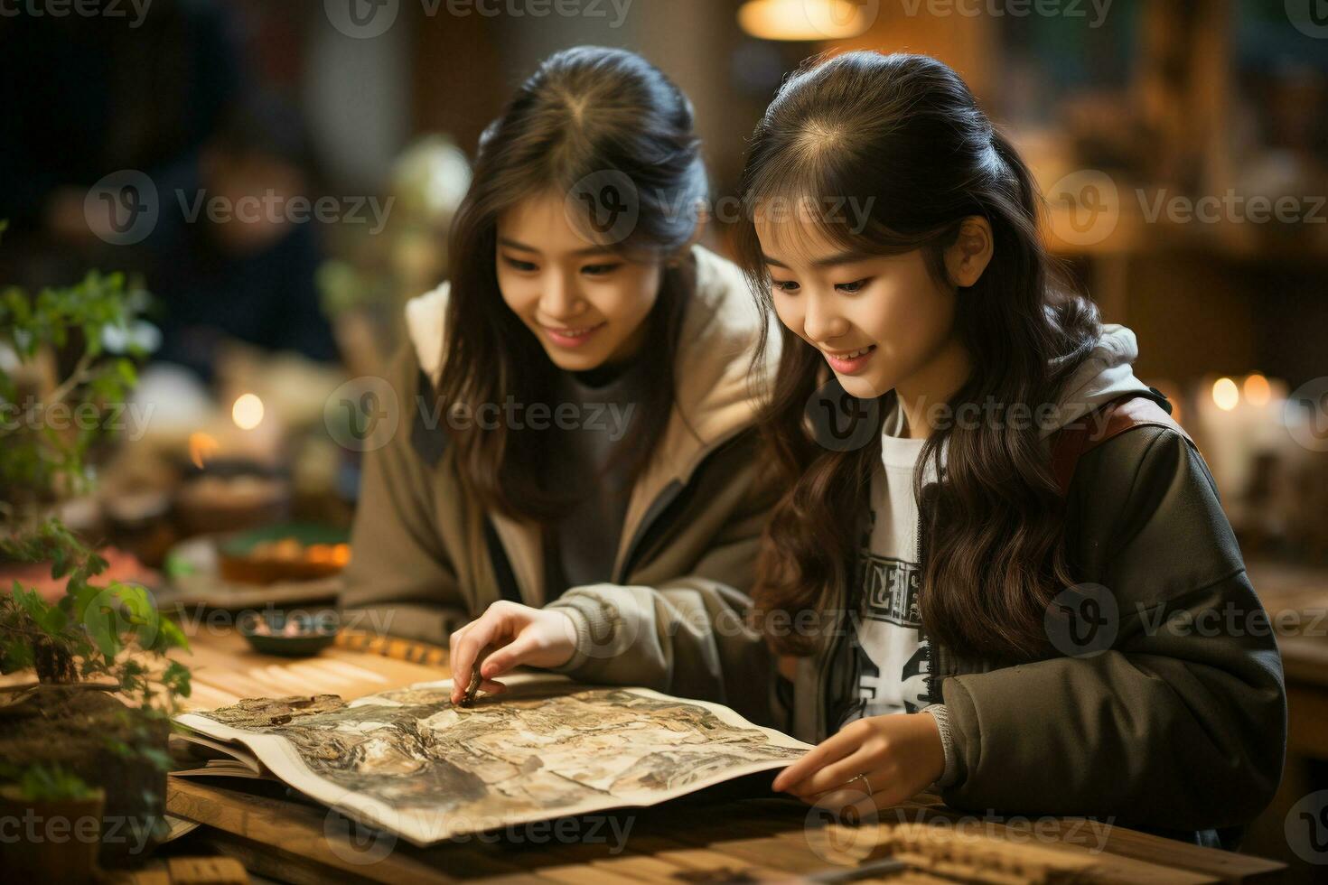 intelligent teenager helping girl classmate prepare for exam, explaining study material in college classroom. Generative ai. photo