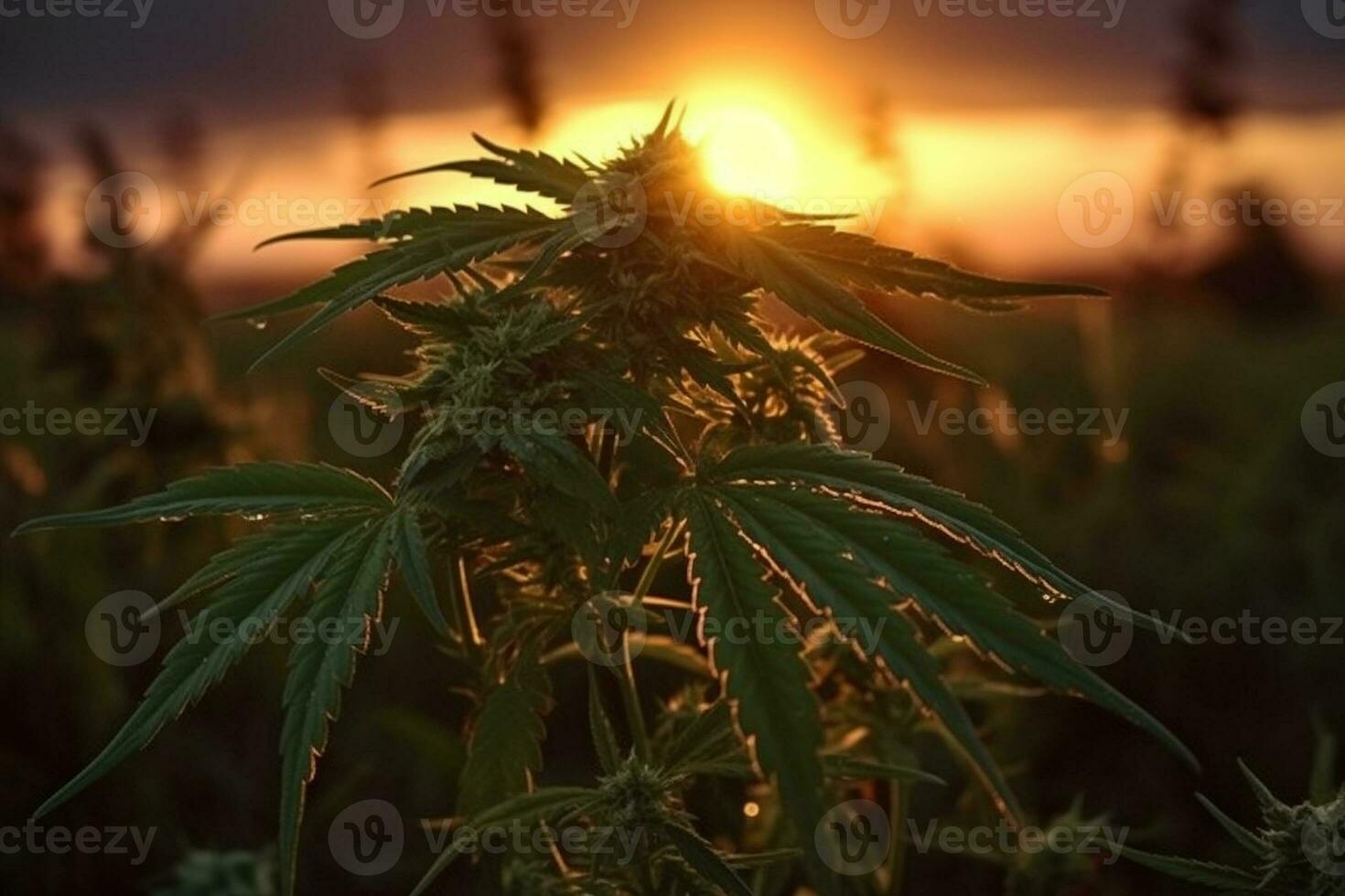 A cannabis field with green cannabis leaves, contrasting with the sunset. Generative AI. photo