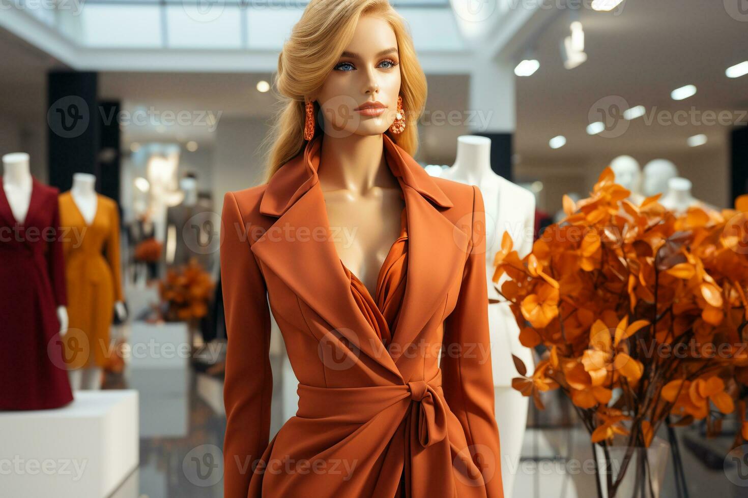 Mannequin in an elegant jacket with an autumn look in a modern fashion boutique in a showcase. Autumn fashion. generative ai. photo