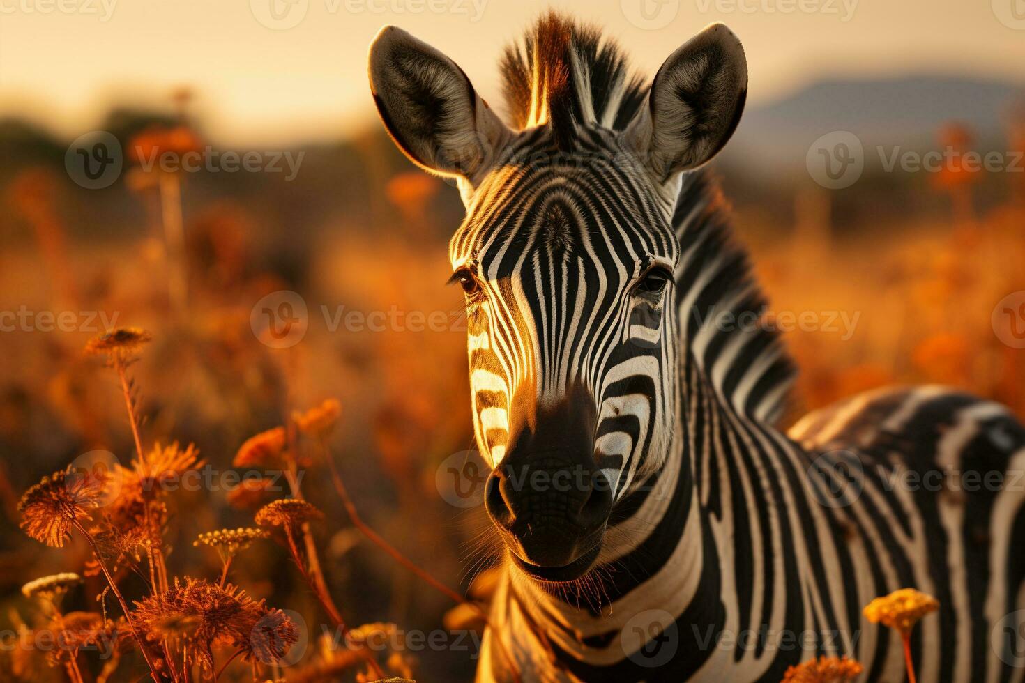zebra in the field backlit warm lighting sunset nature. Generative AI. photo