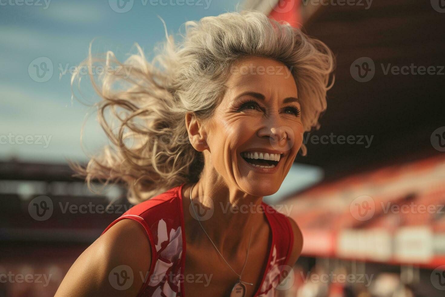 Happy mature woman running in the morning, exercise for weight loss in the stadium. generative ai. photo