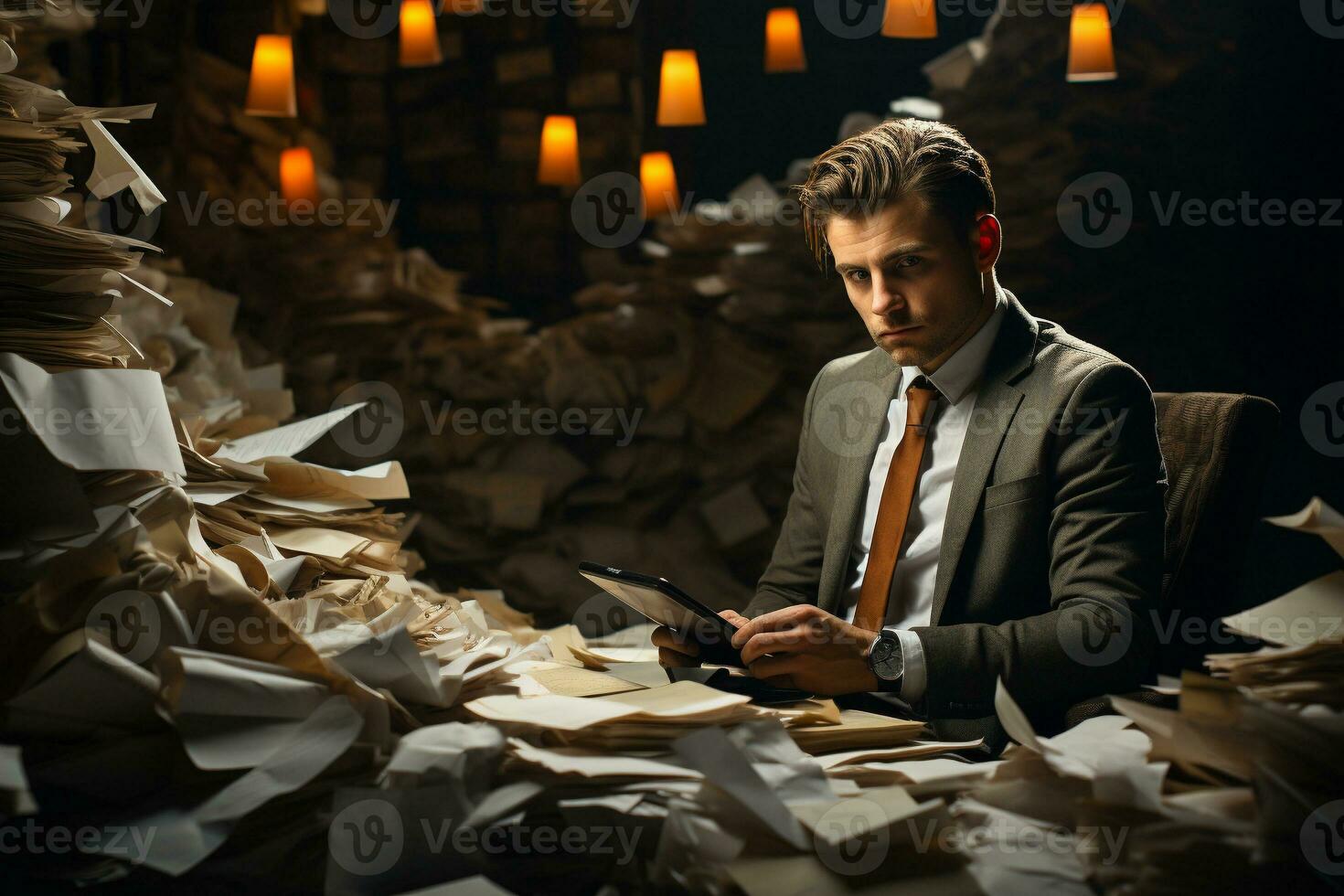 businessman overloaded with paperwork, feeling hopeless and exhausted. generative ai. photo