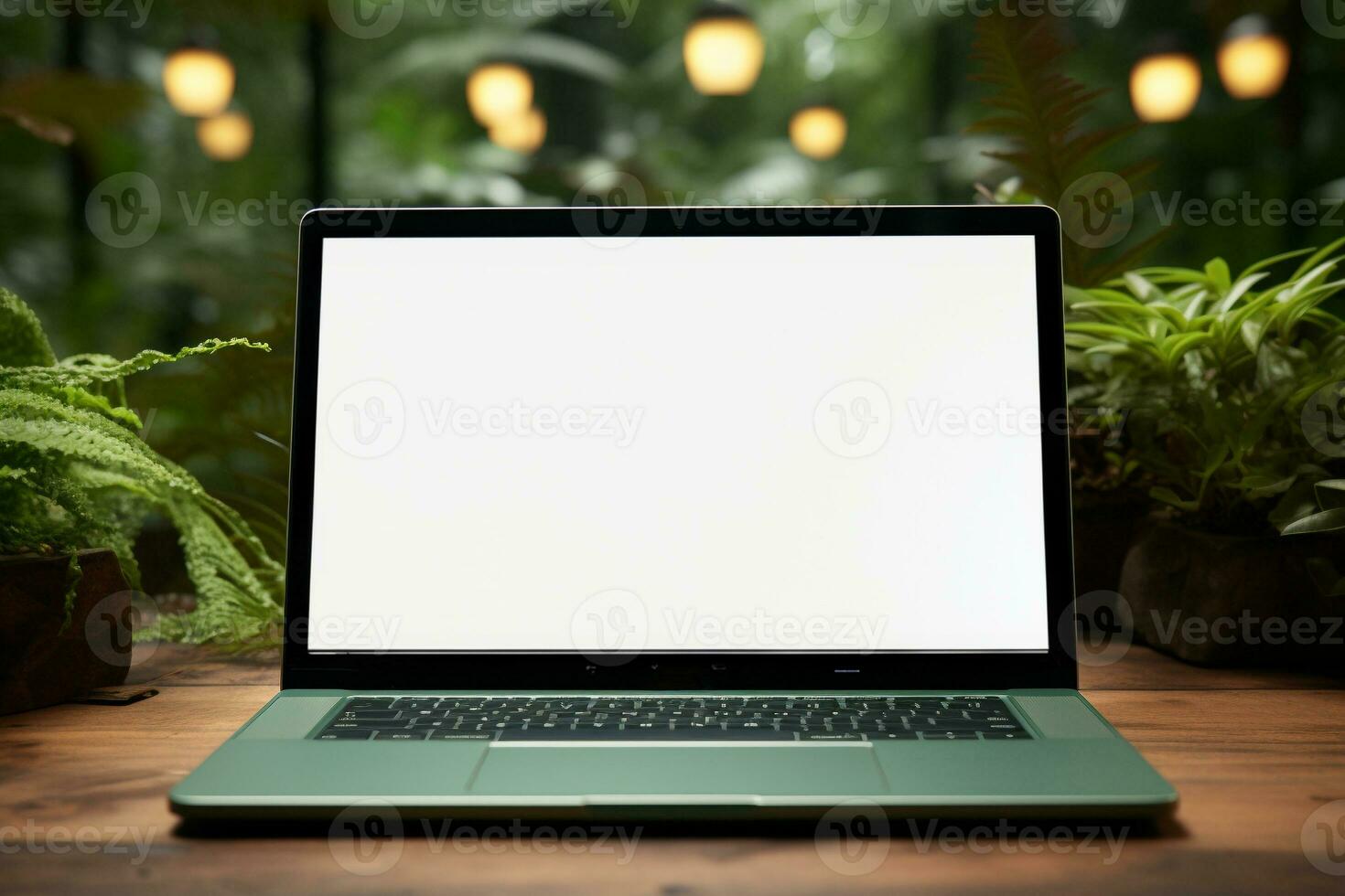 A laptop with a screensaver of white background, placed on a table in a lush forest. Generative Ai. photo