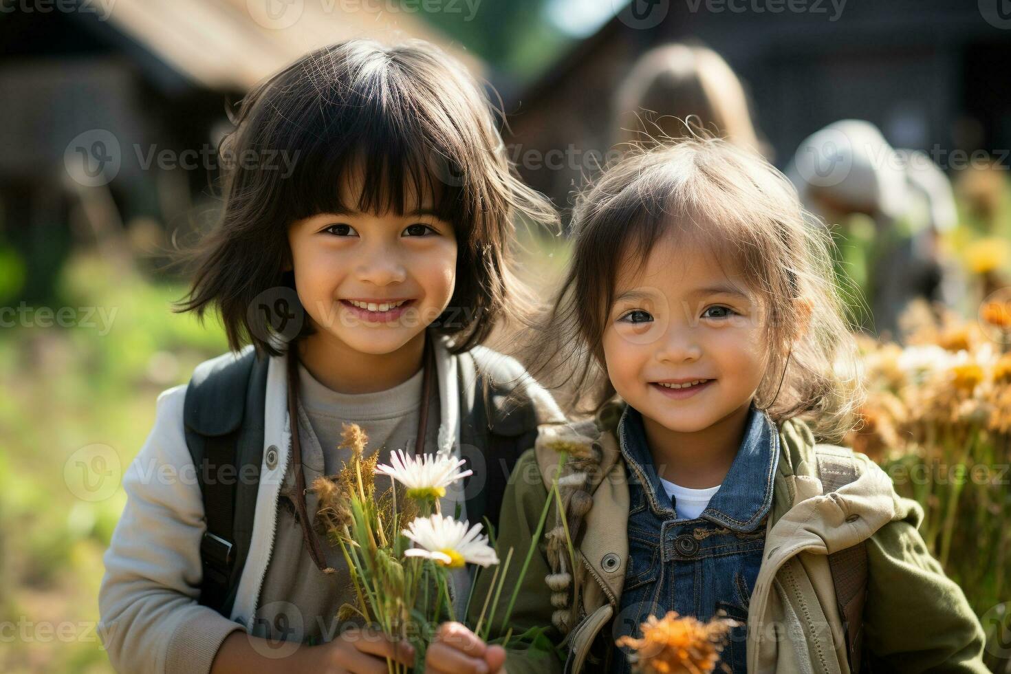 Cute children in the countryside. generative ai photo