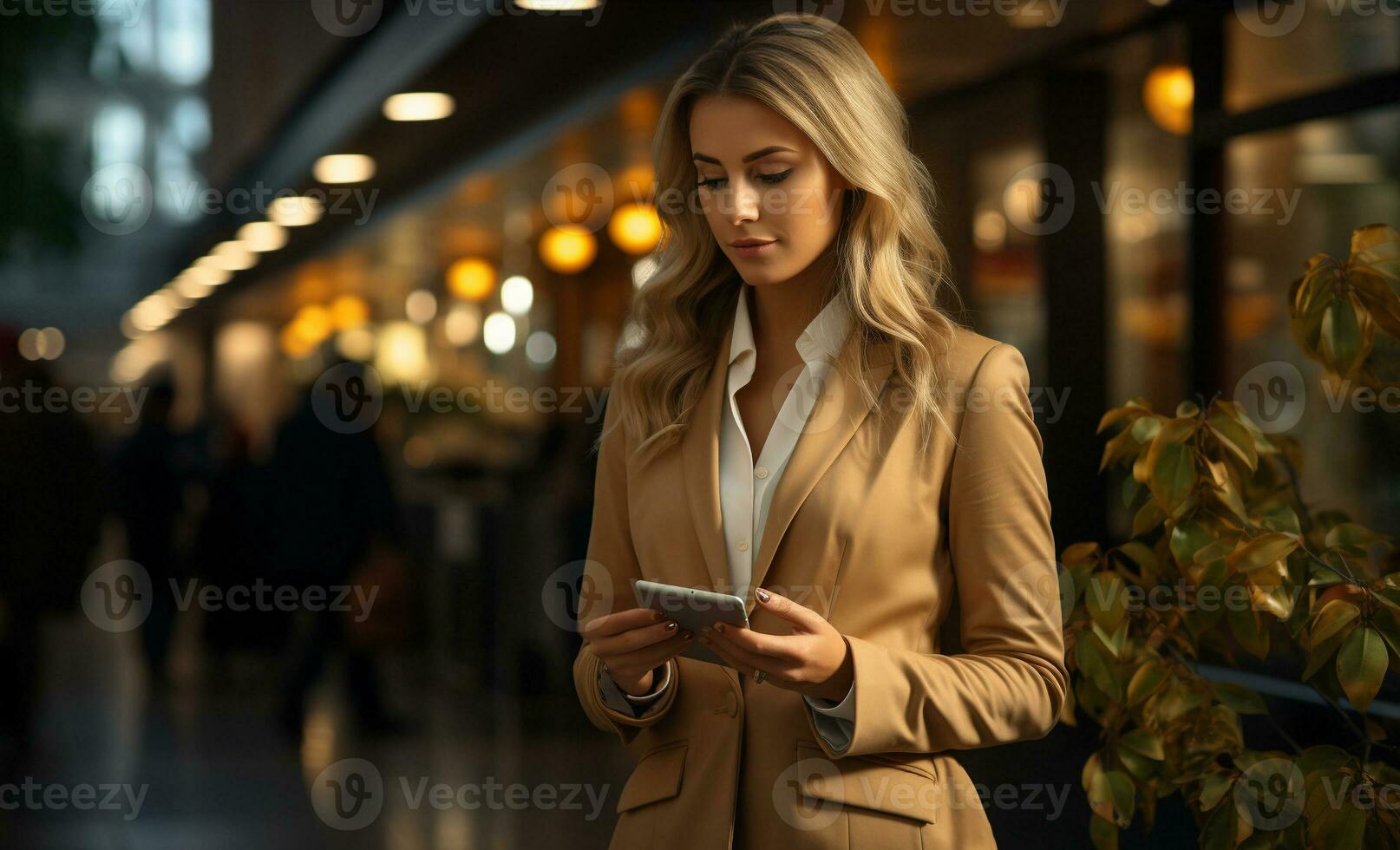 businesswoman using smartphone. generative ai. photo