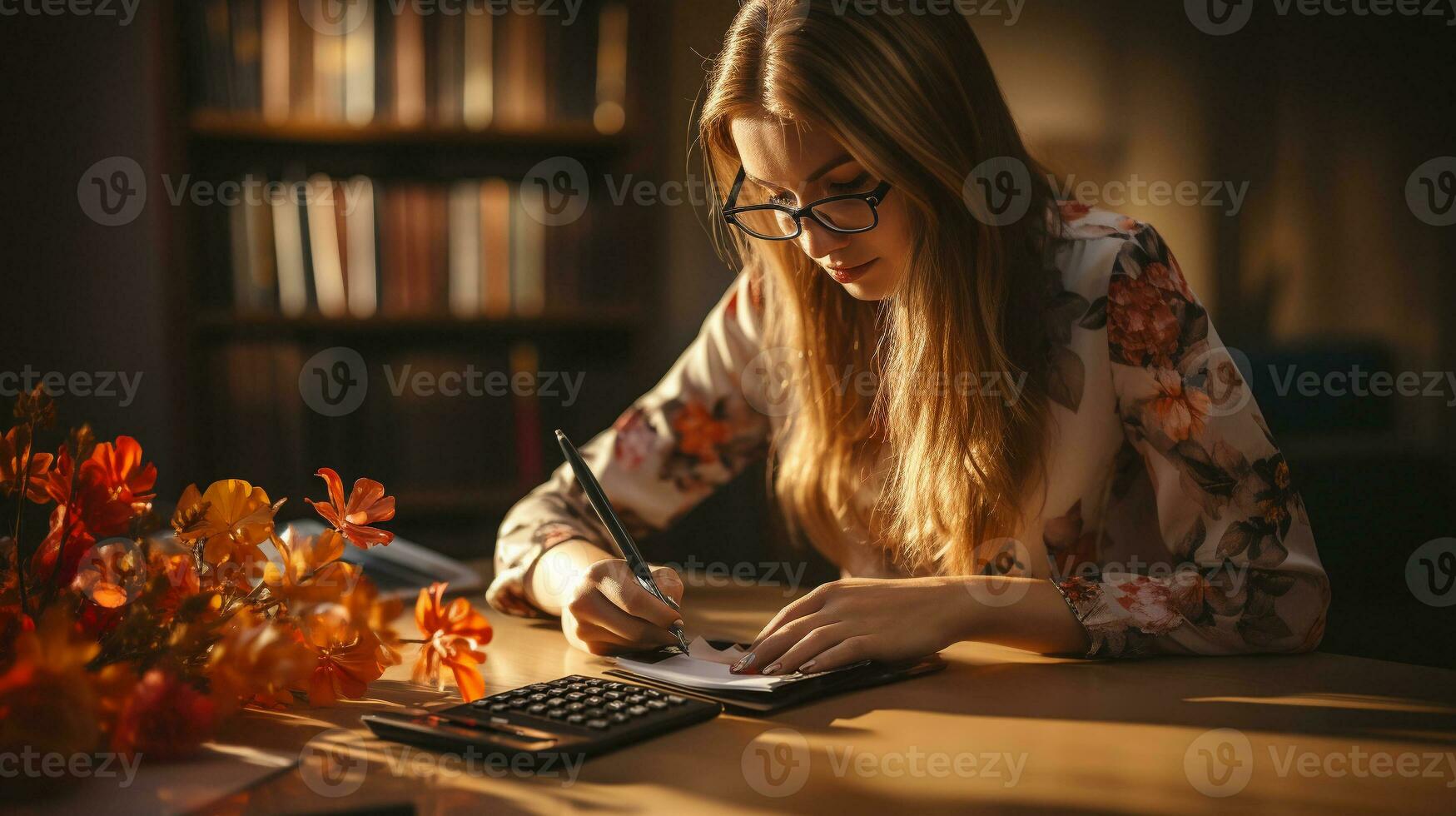 Female worker in working process, work in progress, freelance concept, online job, designer job, pretty girl. generative ai. photo