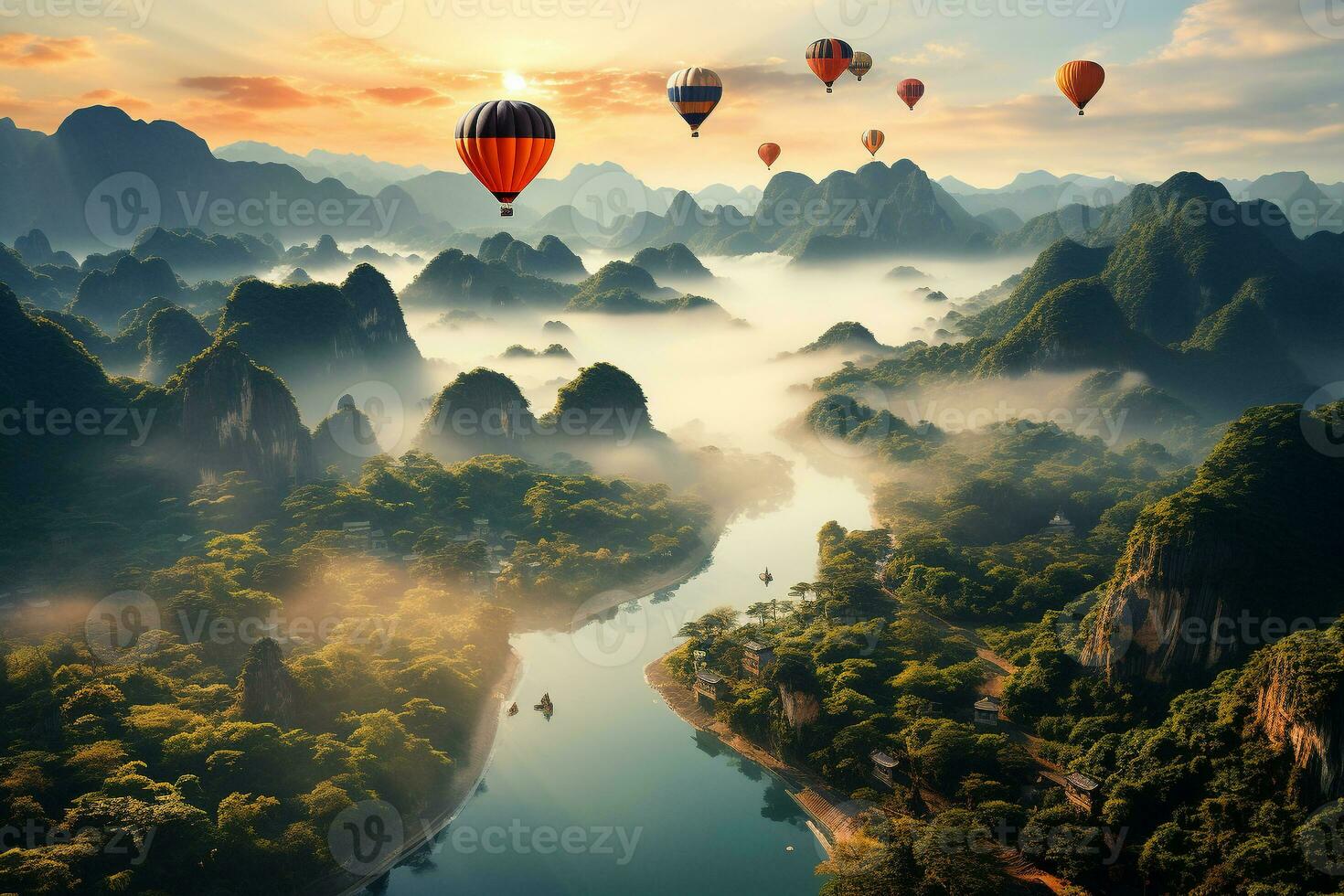 hot air balloons fly over the mountains. generative ai photo