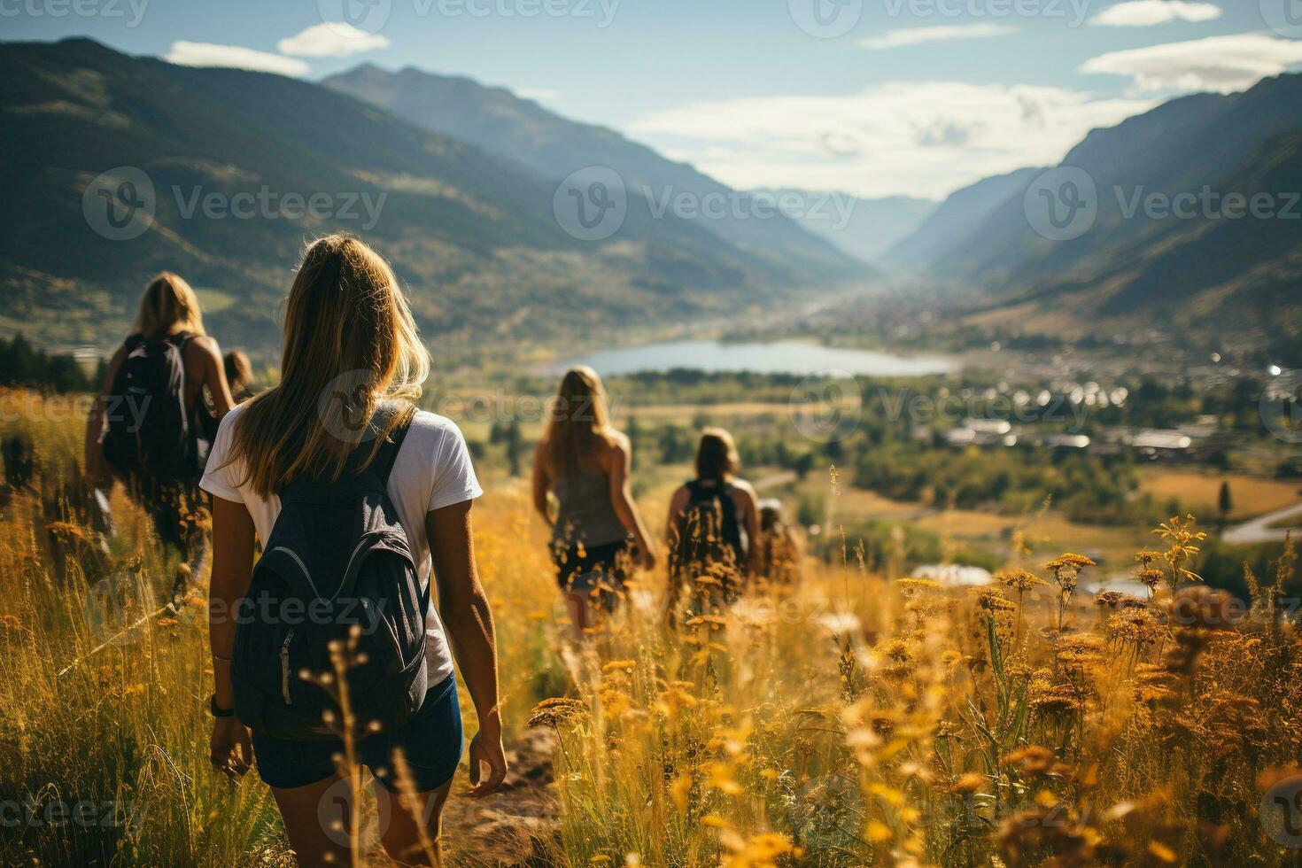 a candid photo of a family and friends hiking together in the mountains in the vacation trip week. sweaty walking in the beautiful american nature. fields and hills with grass. generative ai.