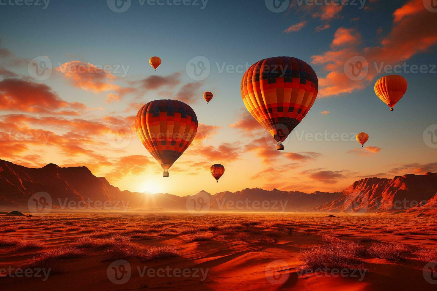 Hot air balloons in the desert at sunset background. generative ai photo