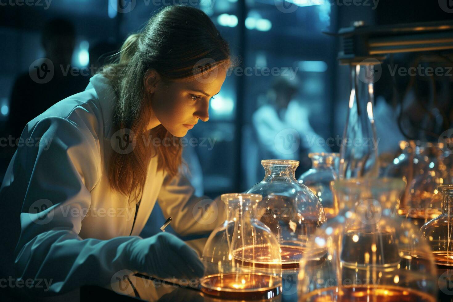Researcher working in a laboratory. Medical tests background. generative ai. photo