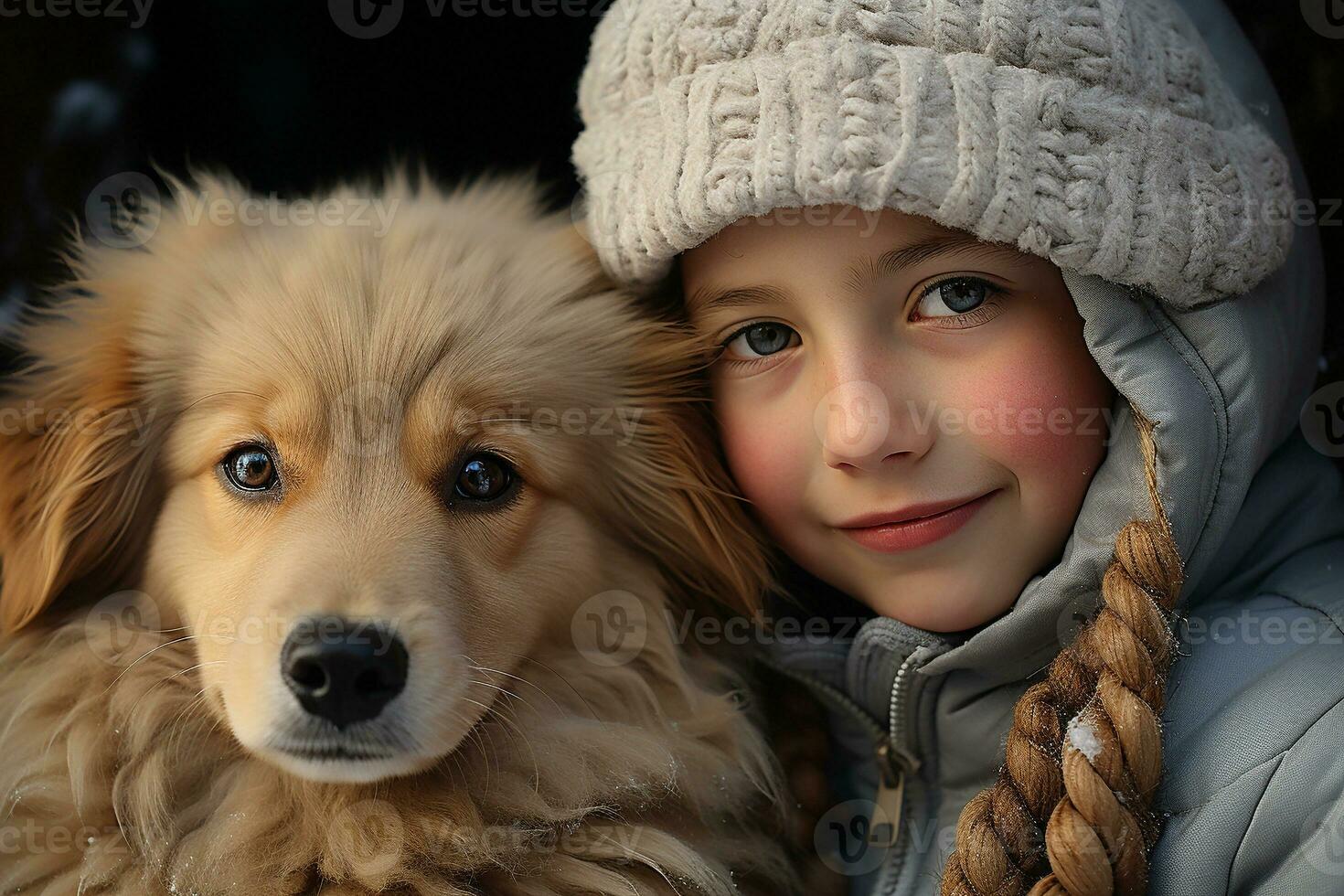 A small child hugs his pet golden retriever. Winter activity holidays. generative ai. photo